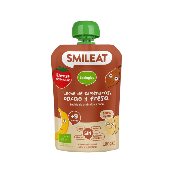 SMILEAT Saqueta Leite Amêndoa, Cacau e Morango  Biológico - 100gr.